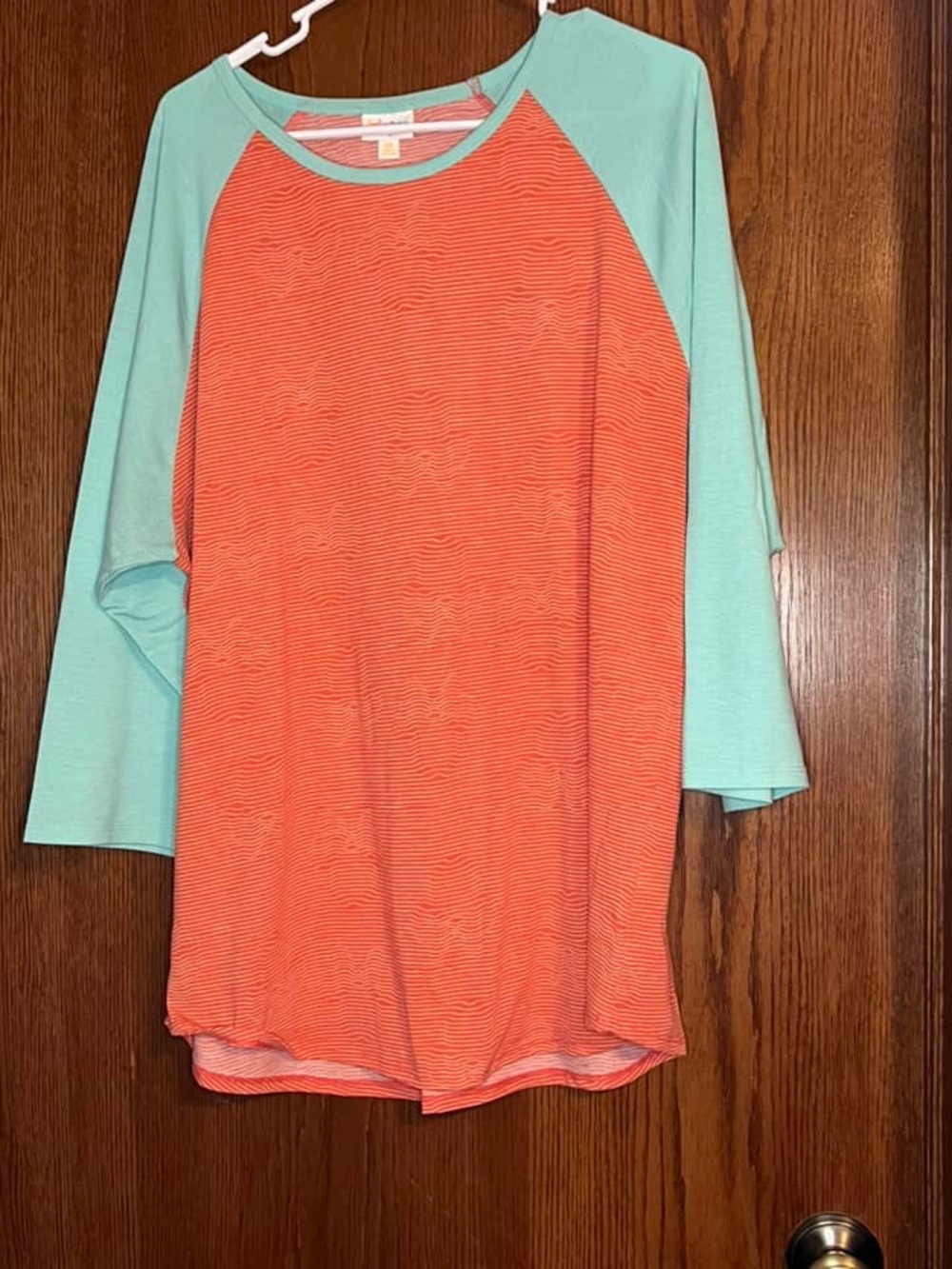 LuLaRoe Coral Striped Body with Mint Raglan Sleeves Long Sleeve Tee